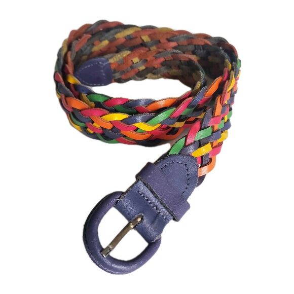 Vtg Braided Leather Belt M-L up to 37" Multicolor Rainbow Resort Tropical Wear - Picture 1 of 7